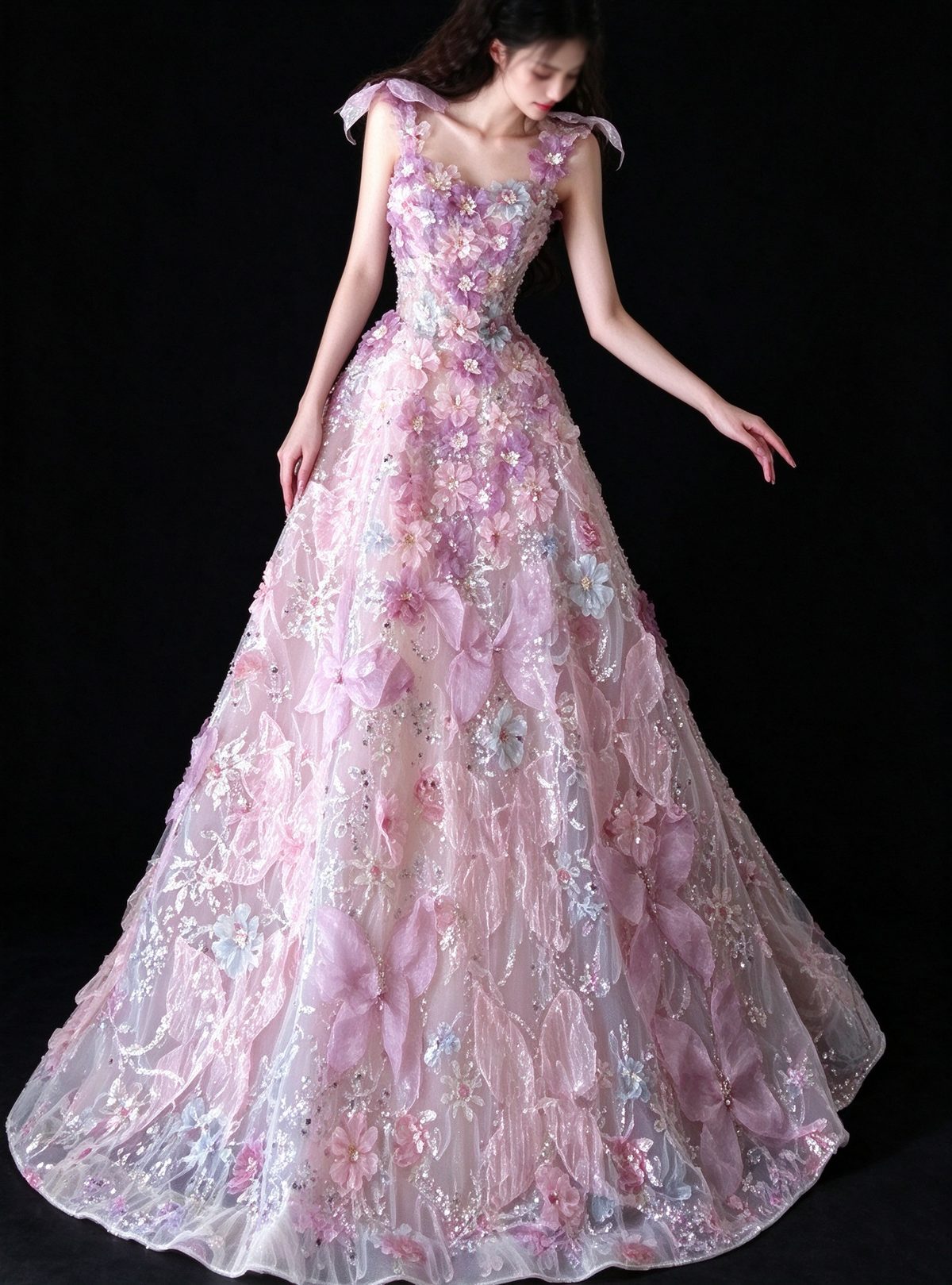 Pink Spaghetti Strap 3D Floral A Line Evening Dress fg9158