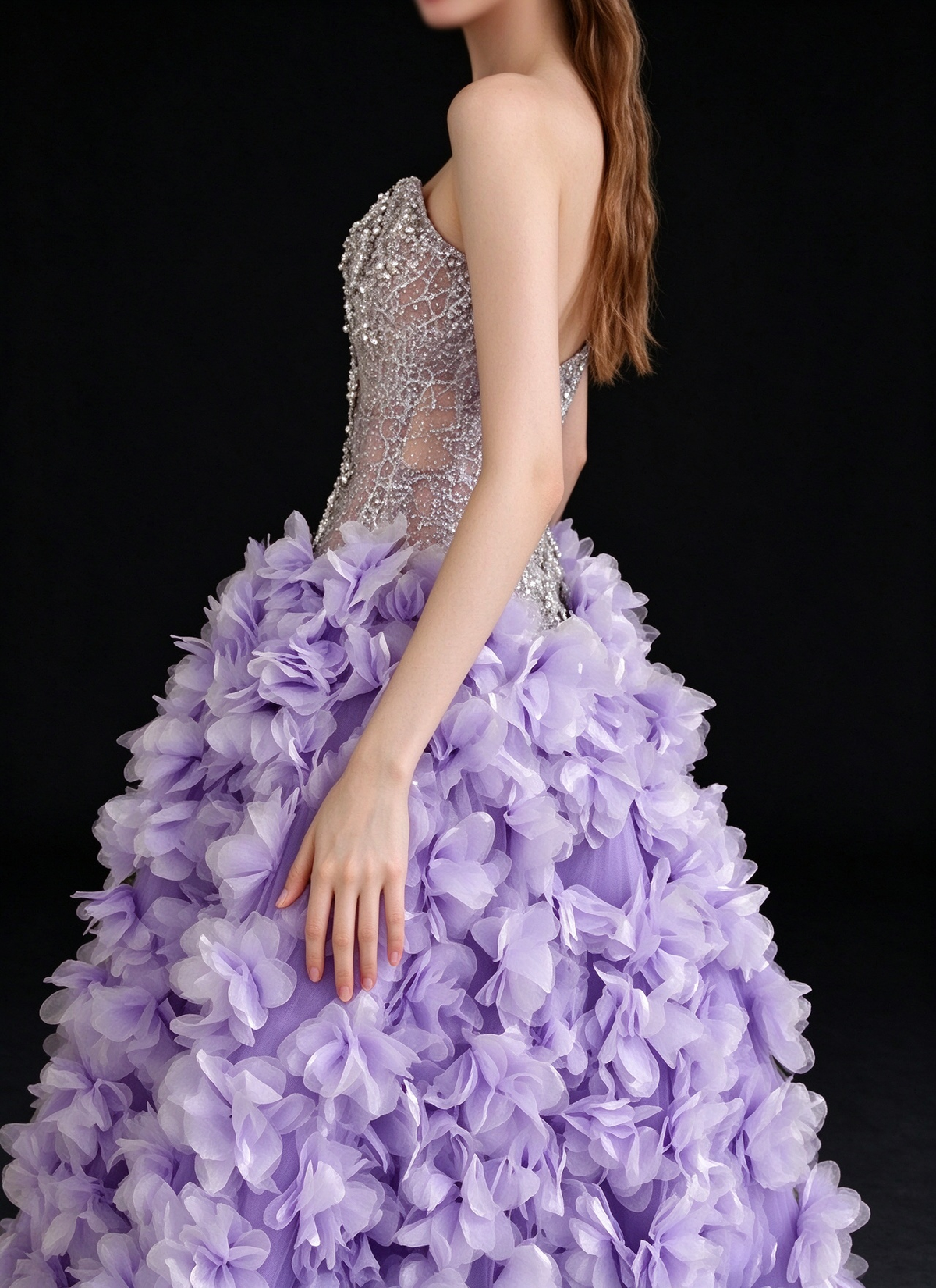 Lavender Strapless Beaded 3D Floral Tulle A Line Evening Gown fg9106