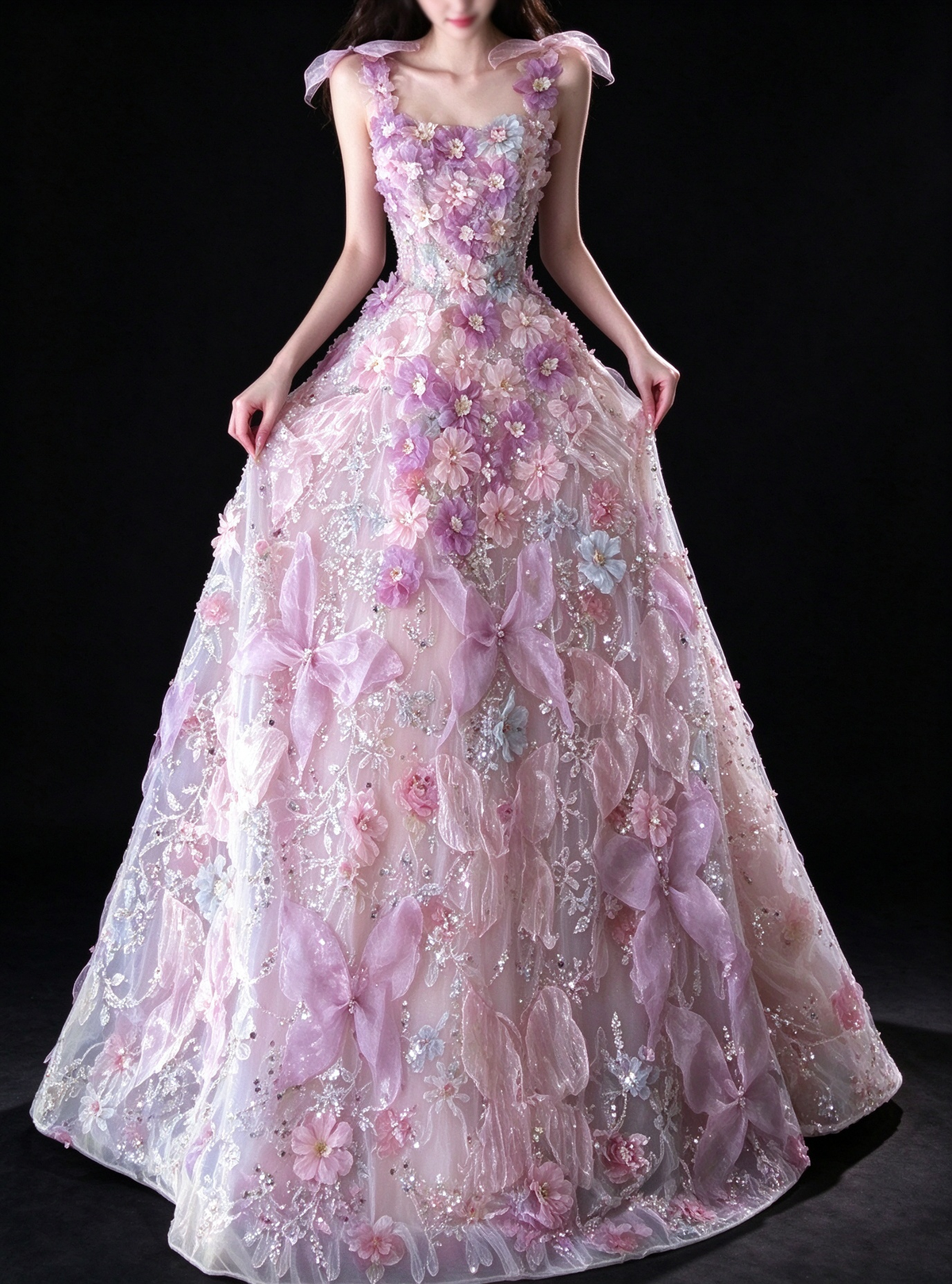 Pink Spaghetti Strap 3D Floral A Line Evening Dress fg9158