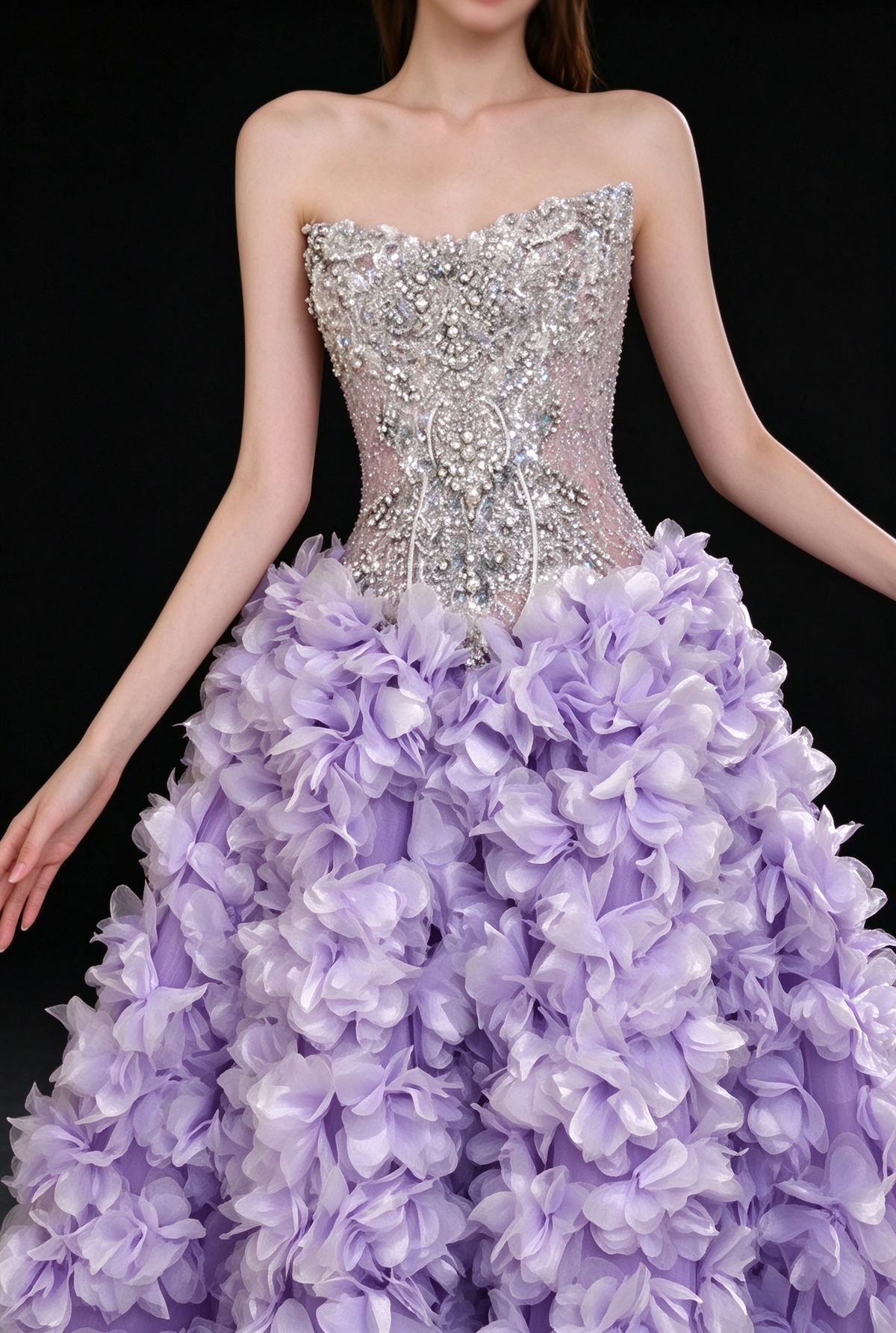 Lavender Strapless Beaded 3D Floral Tulle A Line Evening Gown fg9106