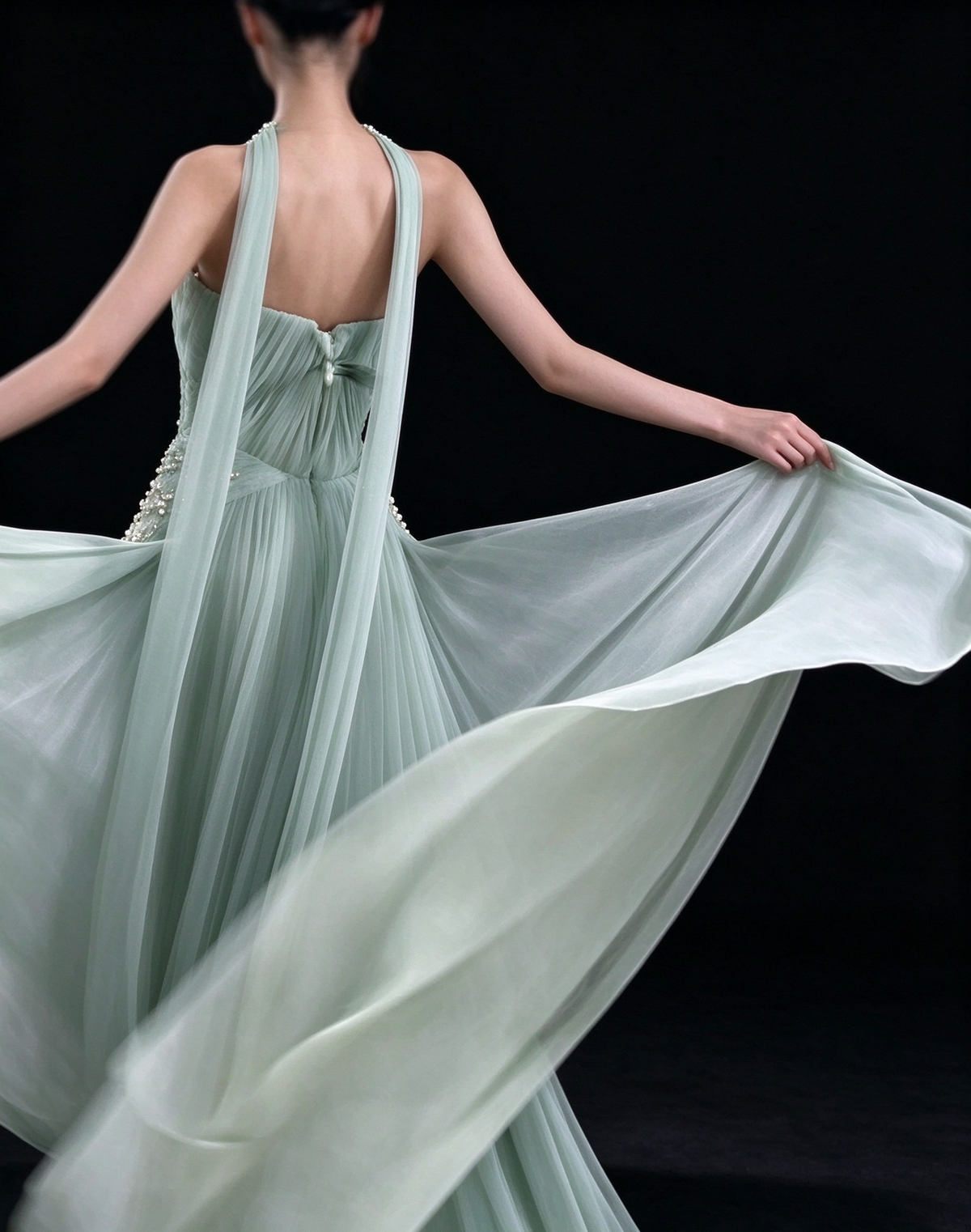 Mint Strapless Halter Ribbed Chiffon A Line Evening Gown fg9091