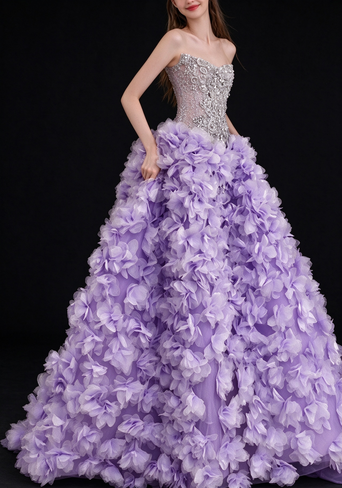 Lavender Strapless Beaded 3D Floral Tulle A Line Evening Gown fg9106