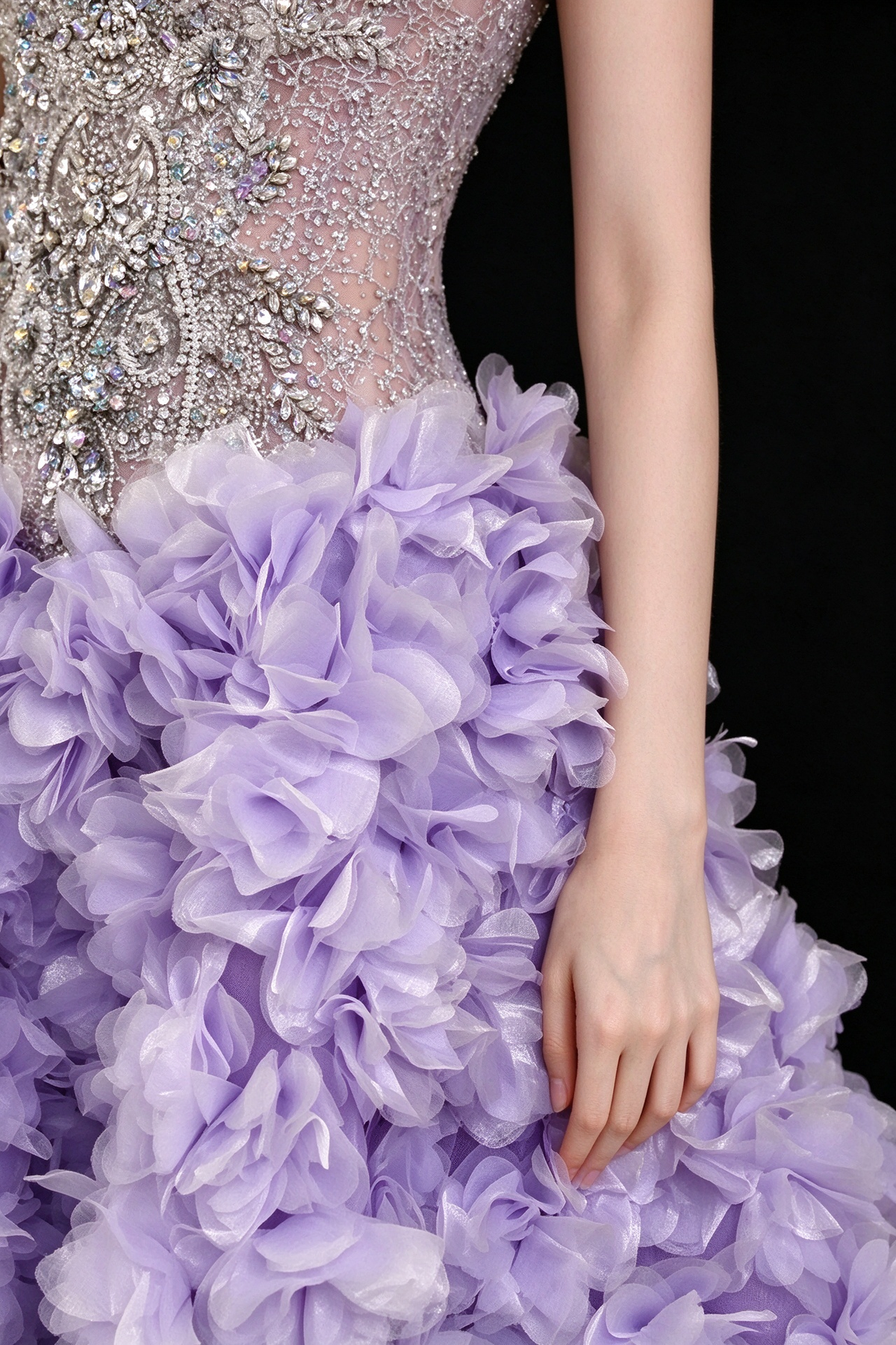 Lavender Strapless Beaded 3D Floral Tulle A Line Evening Gown fg9106