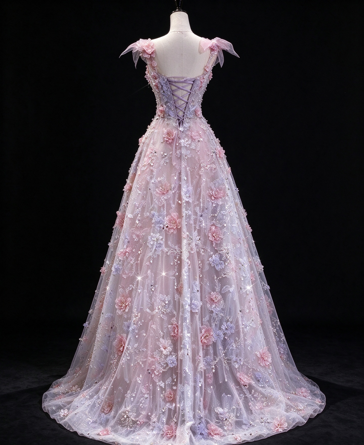 Pink Spaghetti Strap 3D Floral A Line Evening Dress fg9158