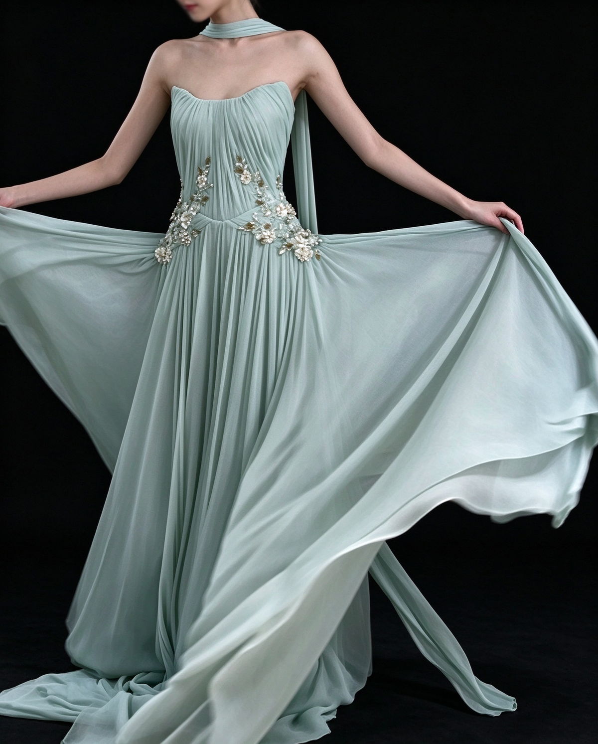 Mint Strapless Halter Ribbed Chiffon A Line Evening Gown fg9091