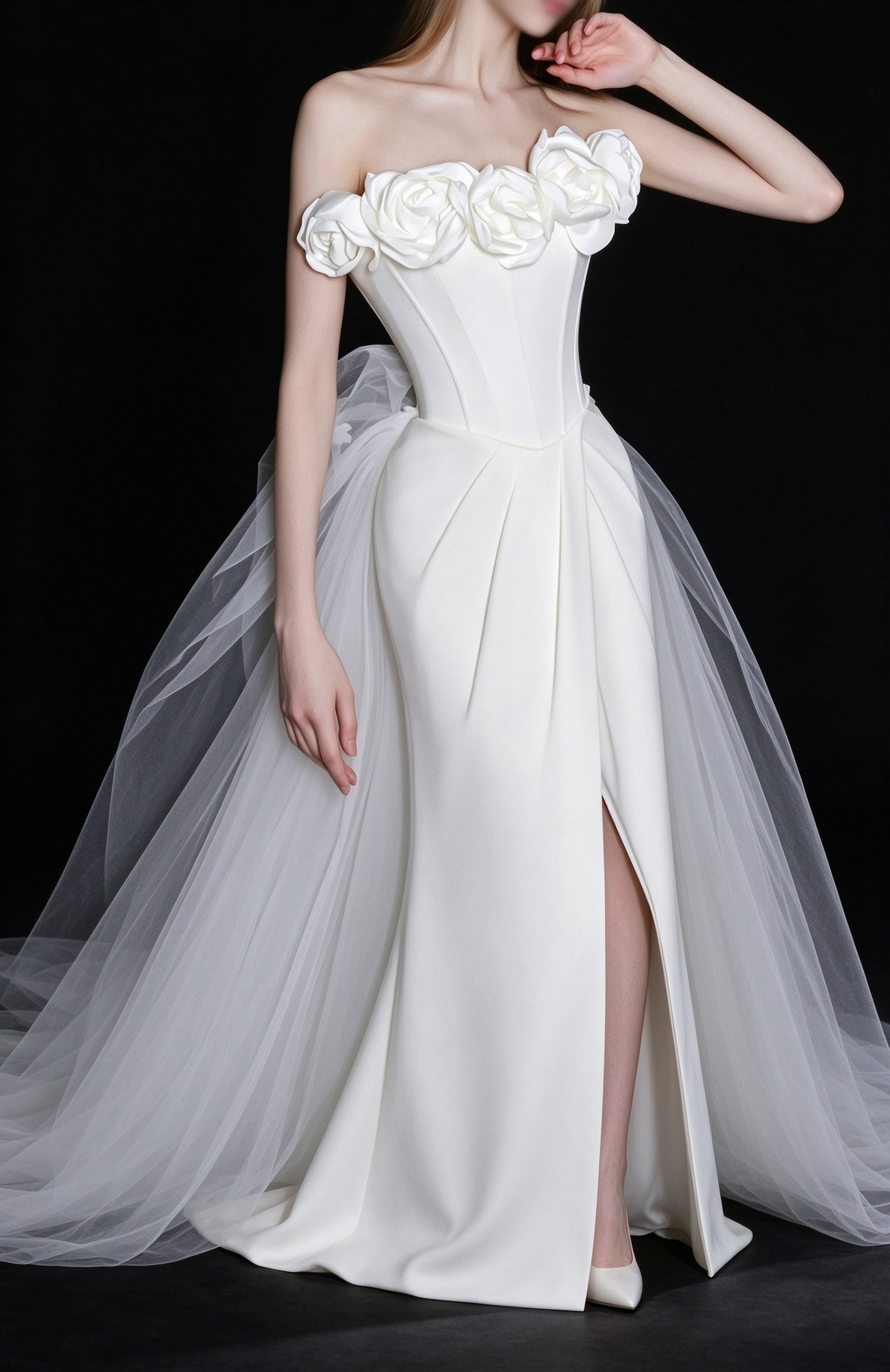 White Strapless 3D Floral Satin Mermaid Wedding Dress With Tulle Train fg9107