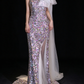 Iridescent One Shoulder Feather Tulle Train Mermaid Evening Dress fg9159