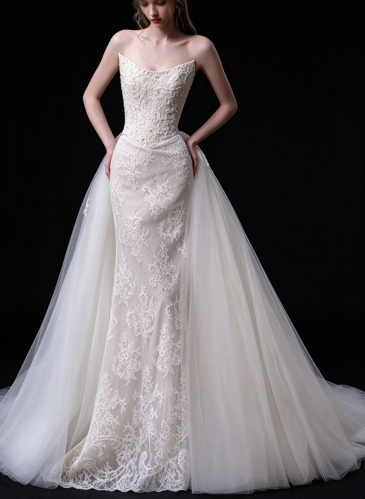 White Strapless Sweetheart Lace Mermaid Wedding Dress With Tulle Overskirt fg9139