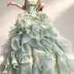 Light Green Strapless Ruffled Organza A Line Evening Gown fg9079