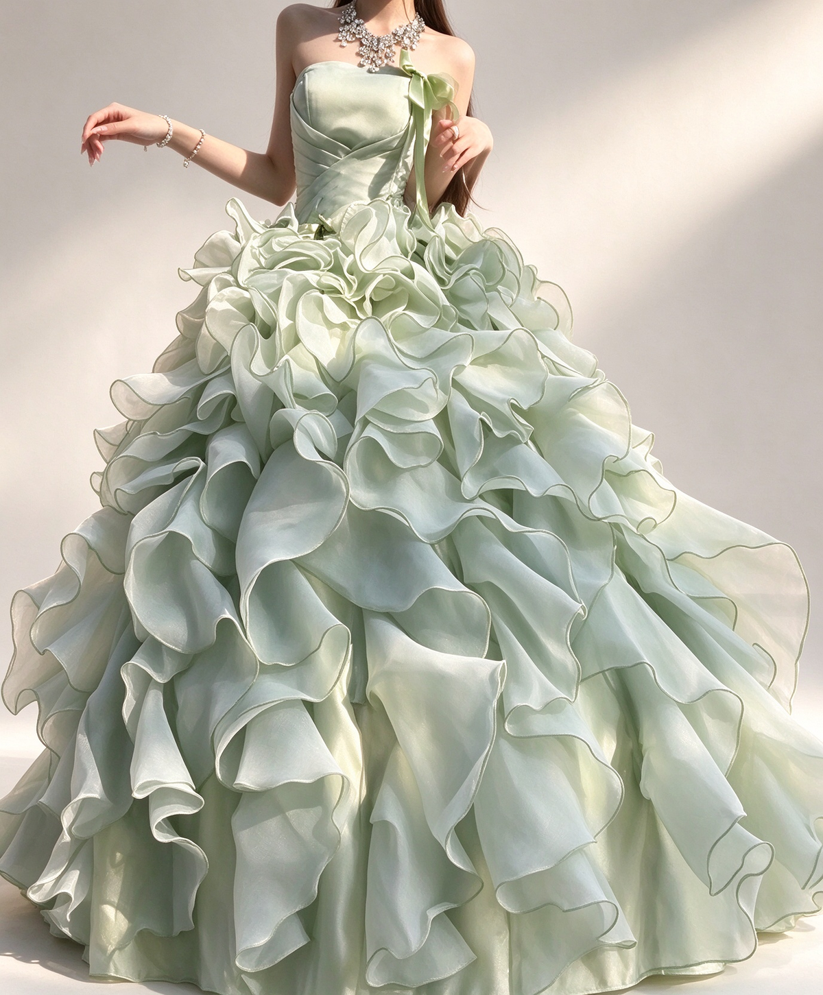 Light Green Strapless Ruffled Organza A Line Evening Gown fg9079