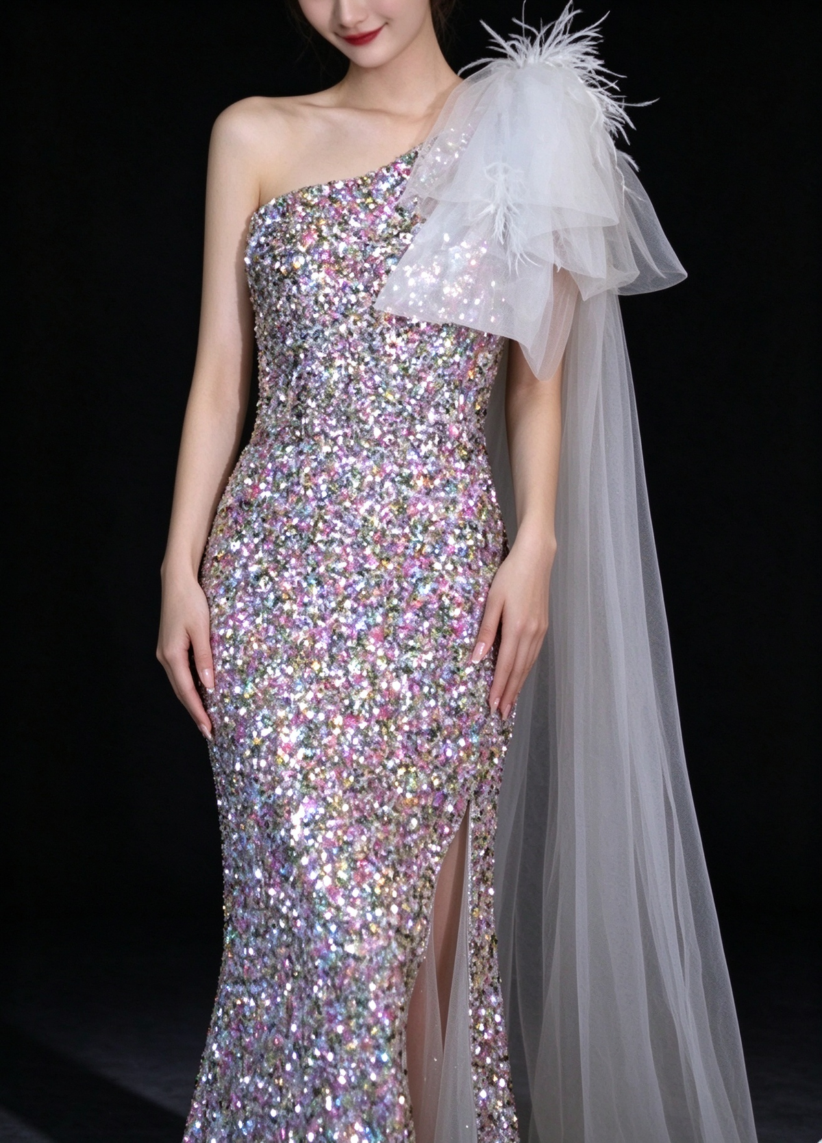Iridescent One Shoulder Feather Tulle Train Mermaid Evening Dress fg9159