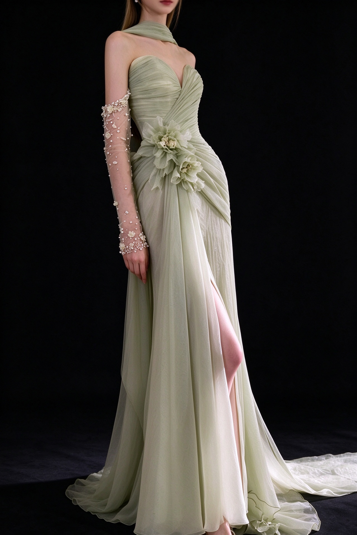 Sage Strapless 3D Flower Chiffon Split Evening Gown fg9092