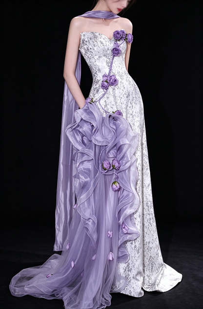 Lavender Strapless 3D Floral Ruffle Tulle Evening Dress fg9160
