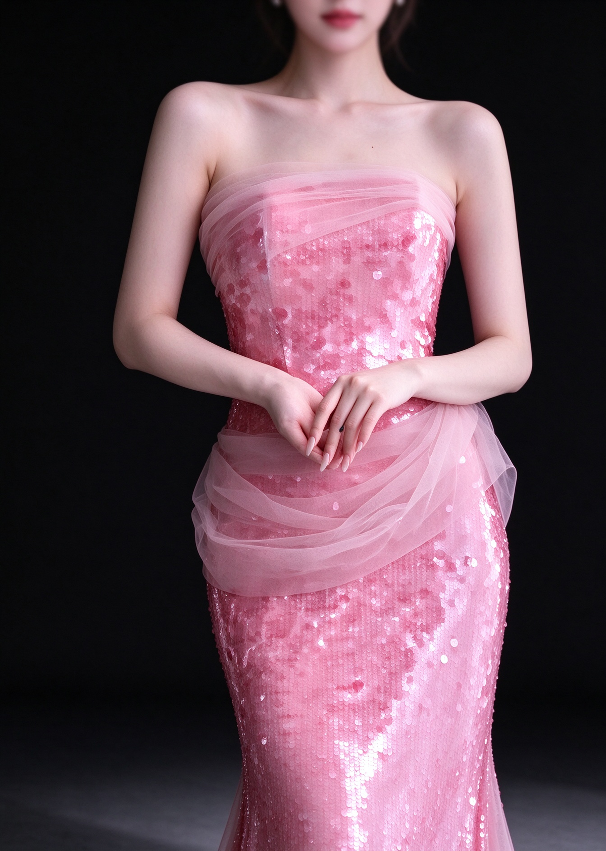 Pink Strapless Sequin Mermaid Evening Dress With Tulle Sash fg9109