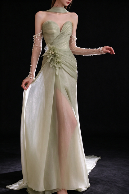 Sage Strapless 3D Flower Chiffon Split Evening Gown fg9092