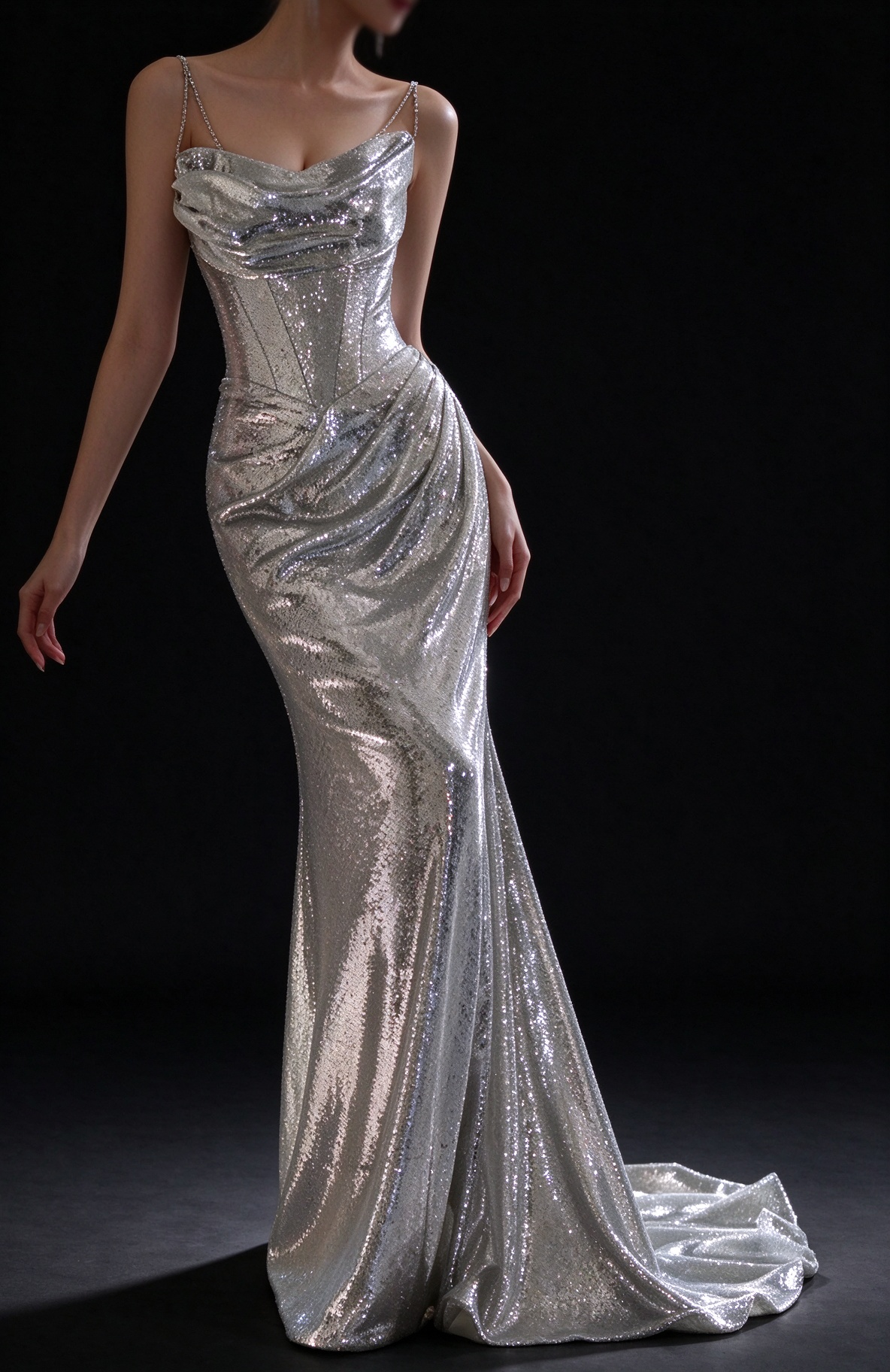 Silver Cowl Neck Spaghetti Strap Sequin Mermaid Evening Dress fg9110