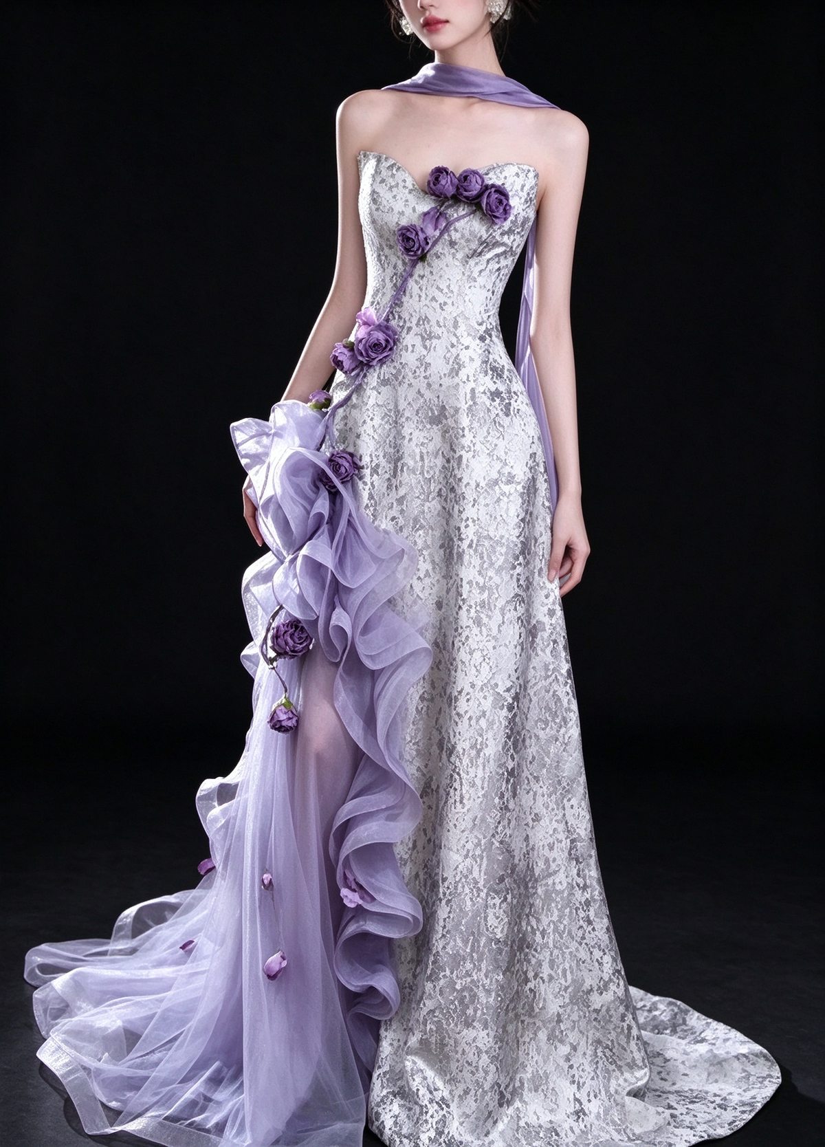 Lavender Strapless 3D Floral Ruffle Tulle Evening Dress fg9160