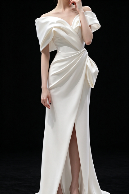 White Off Shoulder Satin Mermaid Wedding Dress With Side Slit fg9111