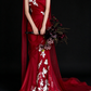 Red Strapless Mermaid White Floral Embroidery Satin Evening Dress fg9161