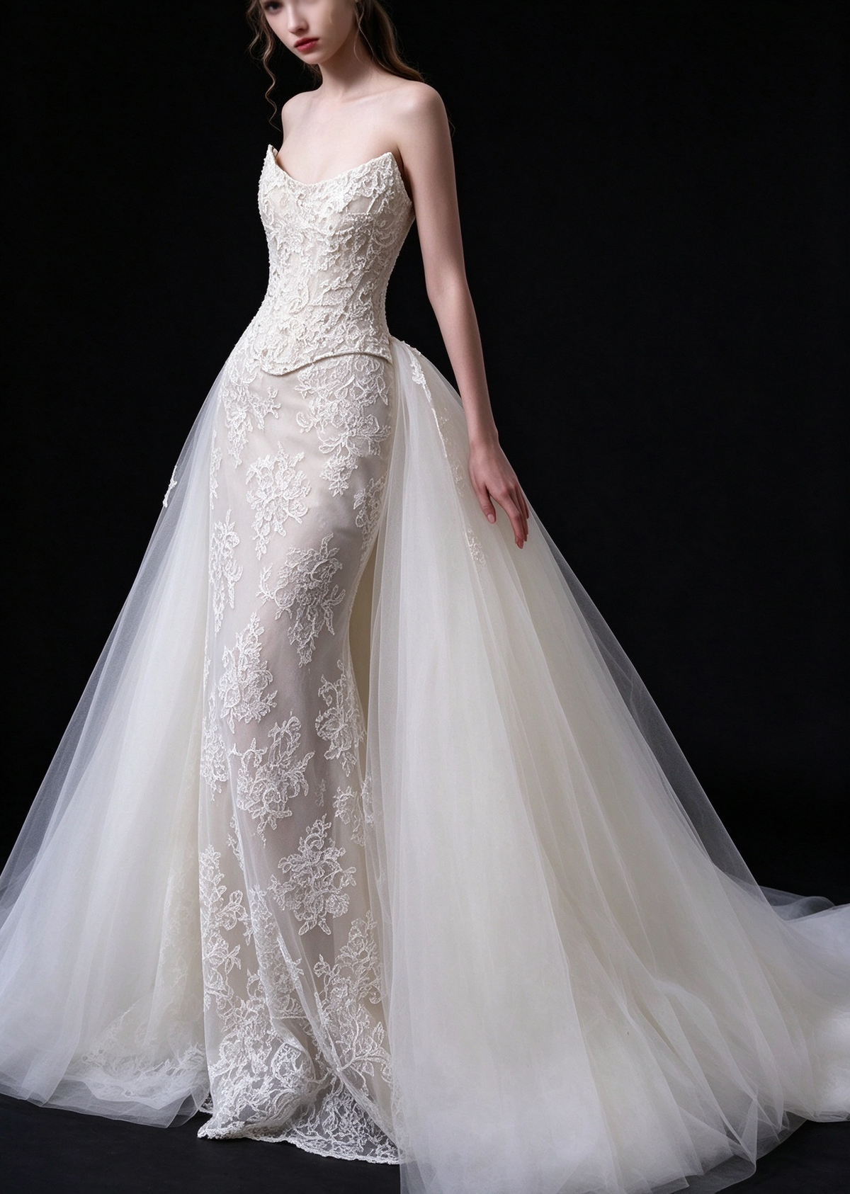 White Strapless Sweetheart Lace Mermaid Wedding Dress With Tulle Overskirt fg9139