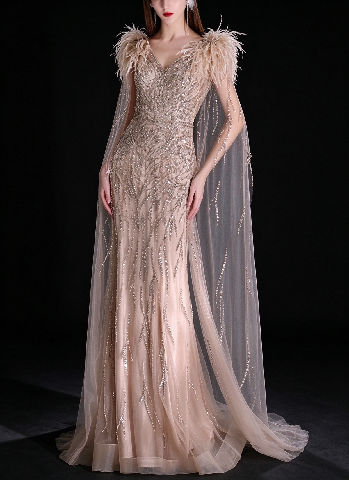 Champagne V Neck Feather Beaded Mermaid Evening Dress With Tulle Cape fg9151