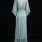 Mint V Neck Beaded Flutter Sleeve Slit Evening Gown fg9088