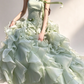 Light Green Strapless Ruffled Organza A Line Evening Gown fg9079