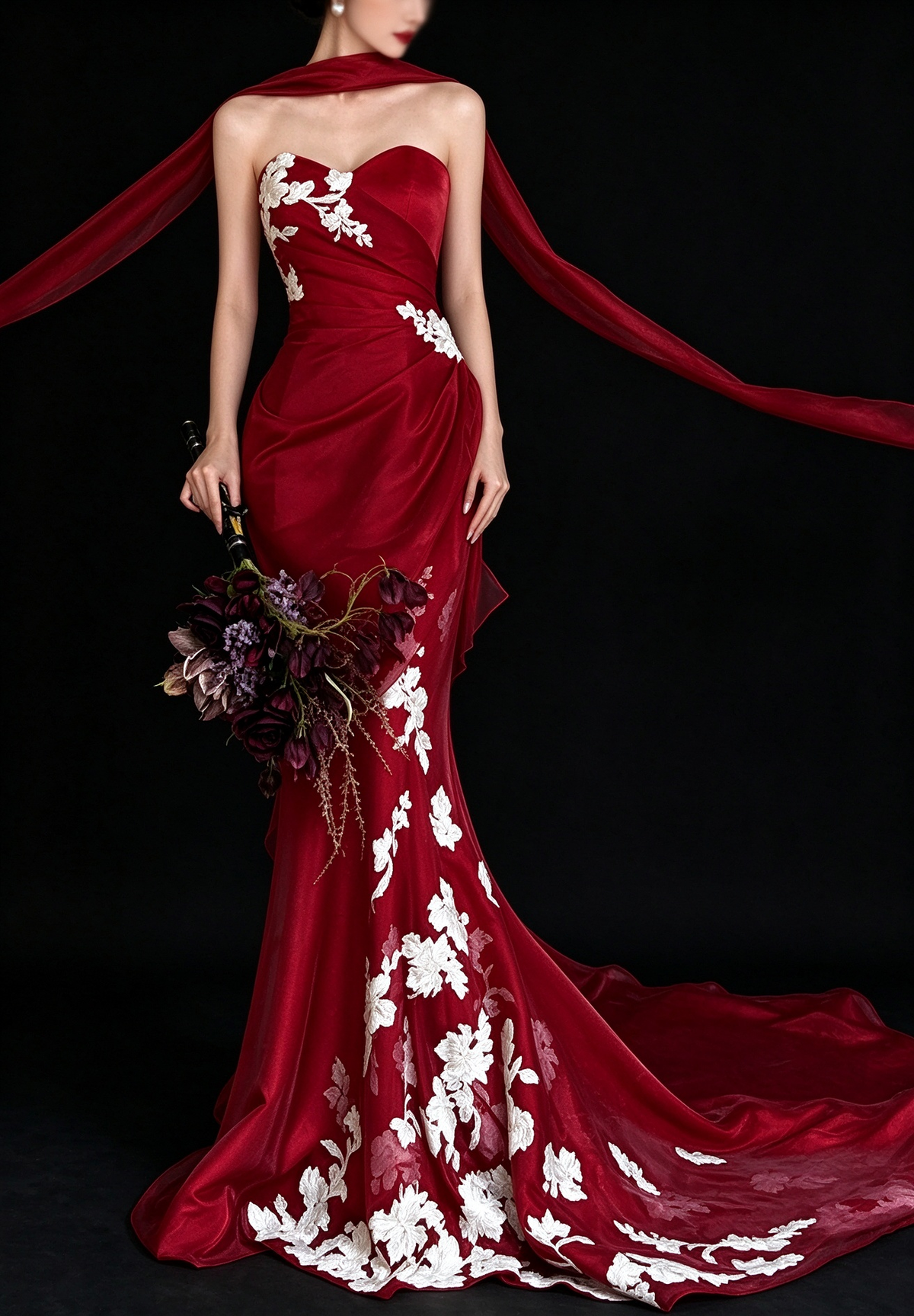 Red Strapless Mermaid White Floral Embroidery Satin Evening Dress fg9161