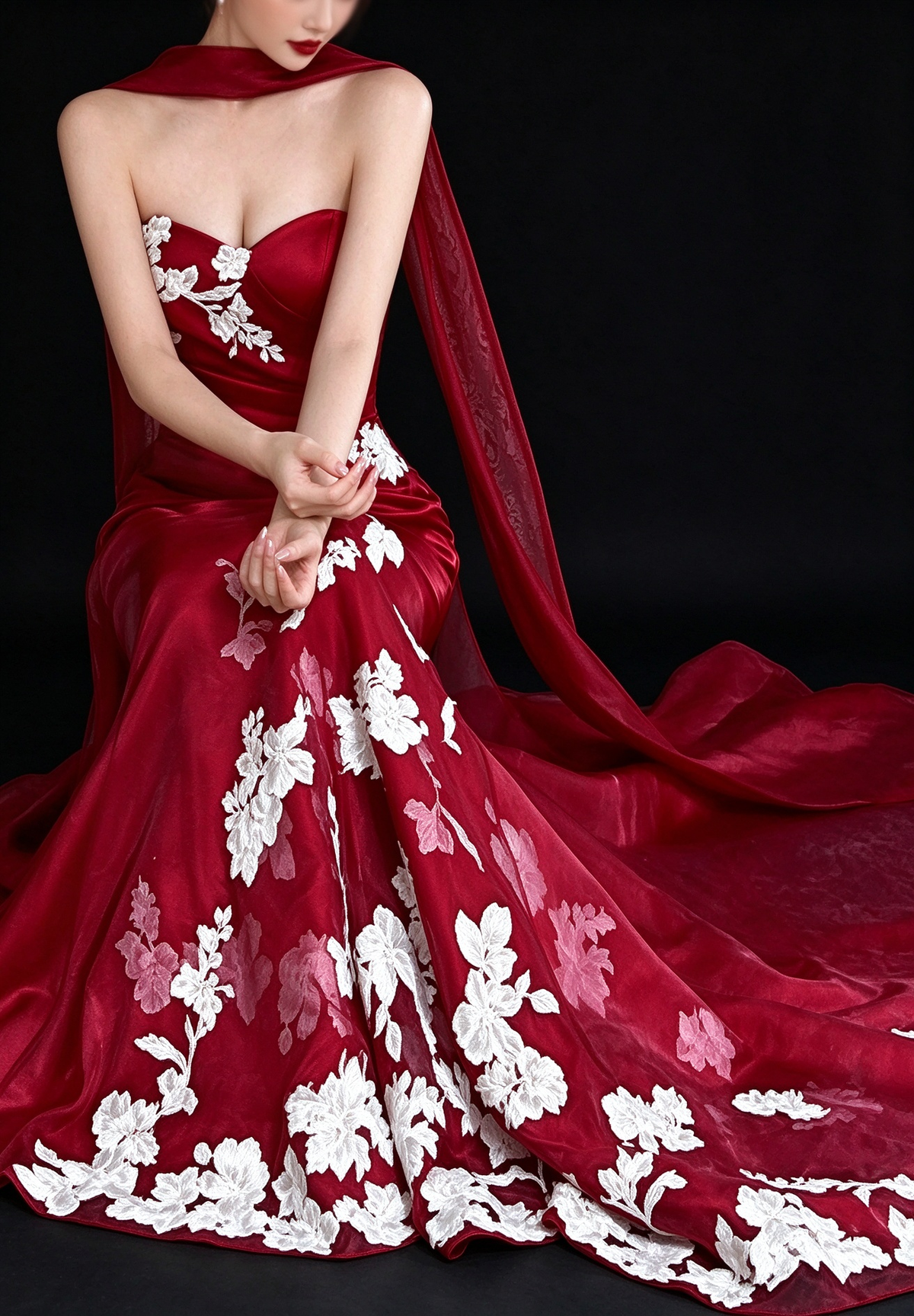 Red Strapless Mermaid White Floral Embroidery Satin Evening Dress fg9161