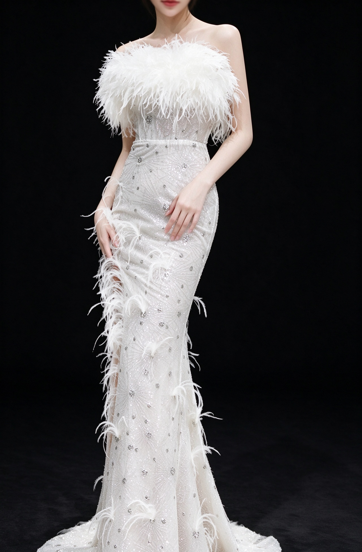 White Strapless Feather Beaded Mermaid Evening Dress fg9112