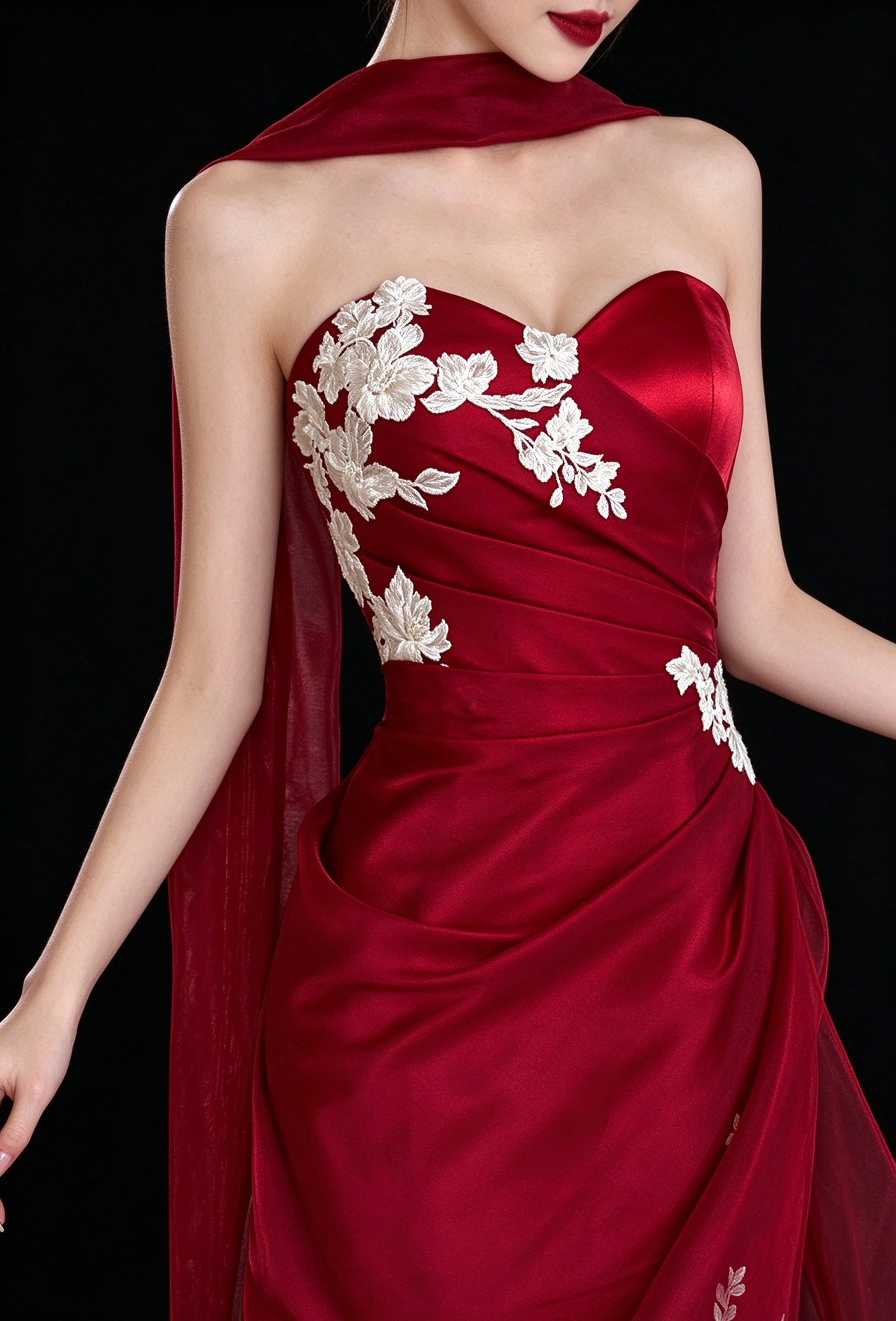 Red Strapless Mermaid White Floral Embroidery Satin Evening Dress fg9161