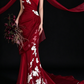 Red Strapless Mermaid White Floral Embroidery Satin Evening Dress fg9161