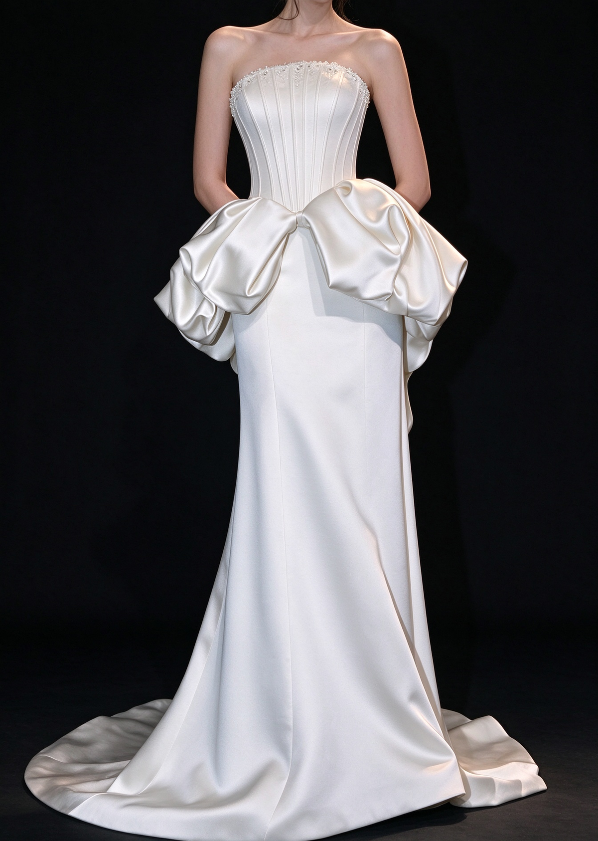White Strapless Corset Big Bow Satin Mermaid Wedding Dress fg9162