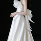 White Strapless Ruffle Pearl Bow Satin Wedding Dress fg9114