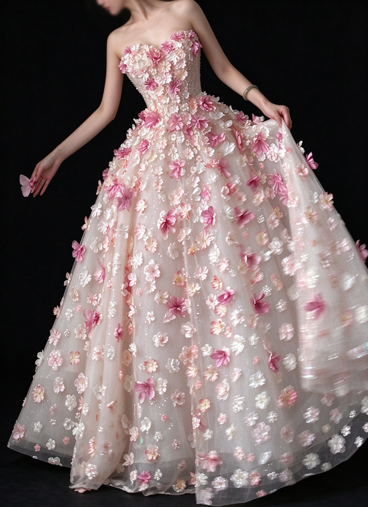 Pink Off Shoulder 3D Floral Glitter Tulle A Line Evening Dress fg9163