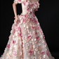 Pink Off Shoulder 3D Floral Glitter Tulle A Line Evening Dress fg9163