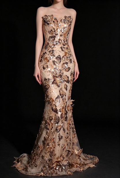 Champagne Strapless 3D Floral Sequin Mermaid Evening Gown fg9101
