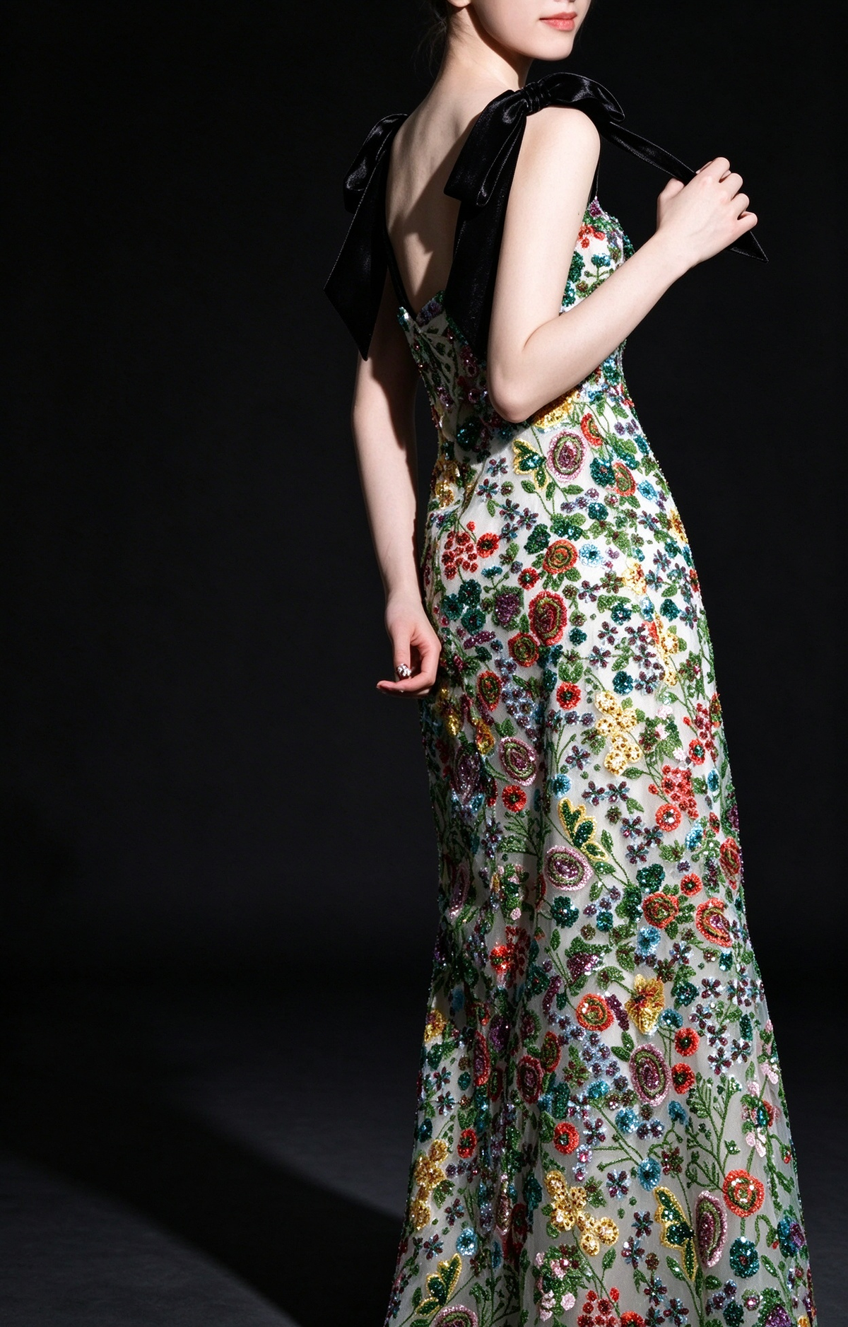 Green Floral Beaded Bow Strap A Line Evening Dress fg9113