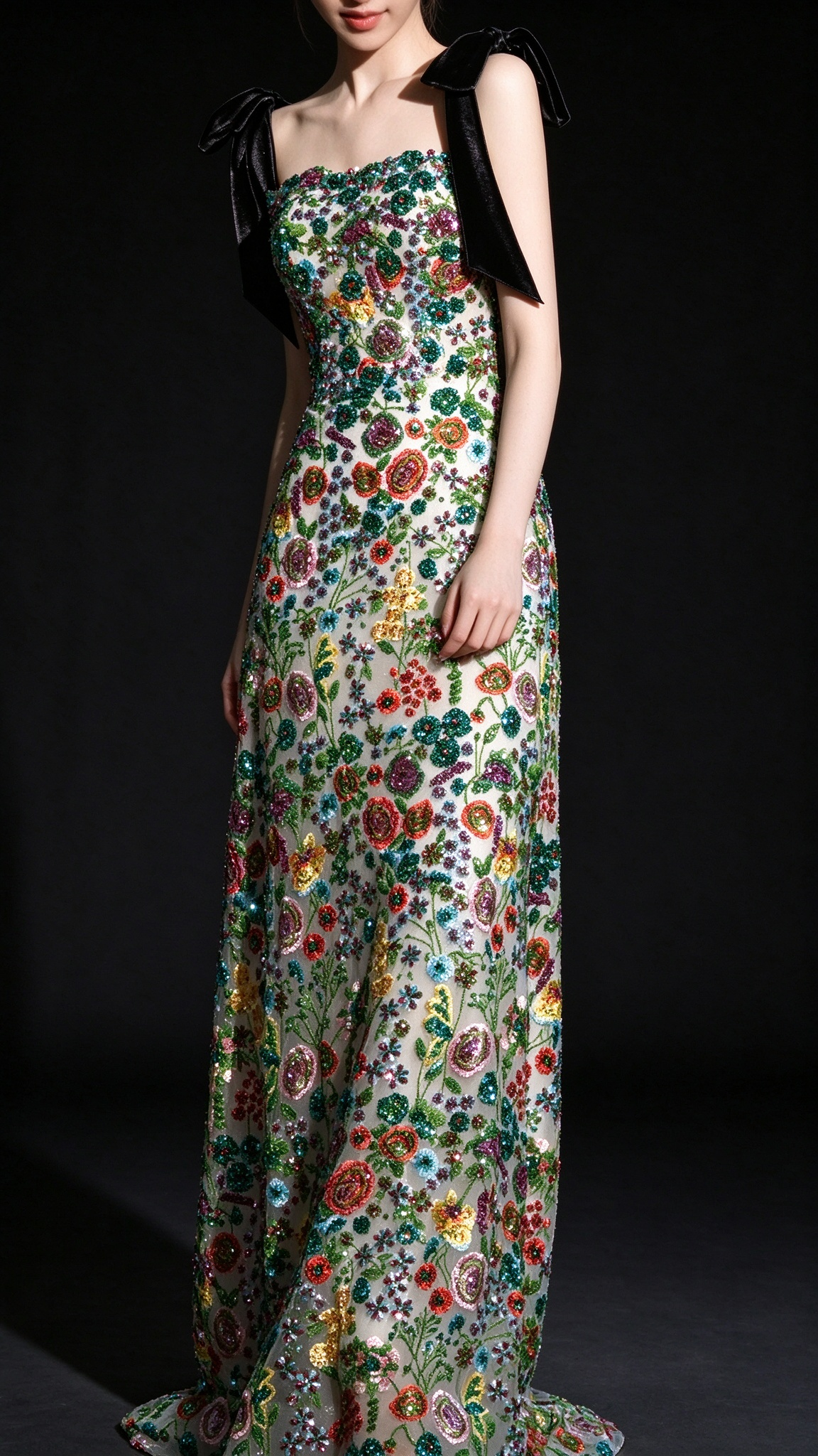 Green Floral Beaded Bow Strap A Line Evening Dress fg9113