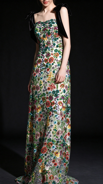 Green Floral Beaded Bow Strap A Line Evening Dress fg9113