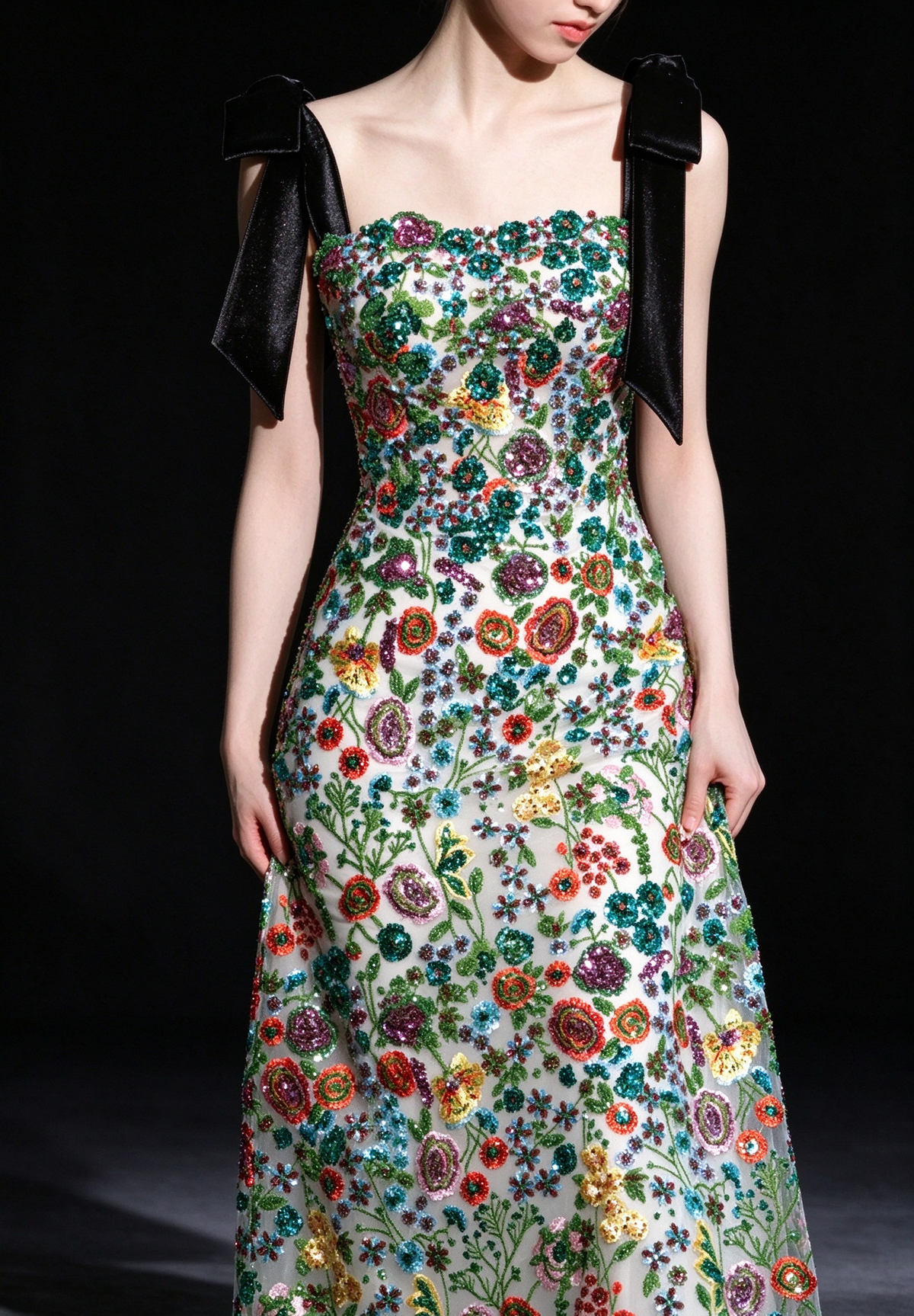 Green Floral Beaded Bow Strap A Line Evening Dress fg9113