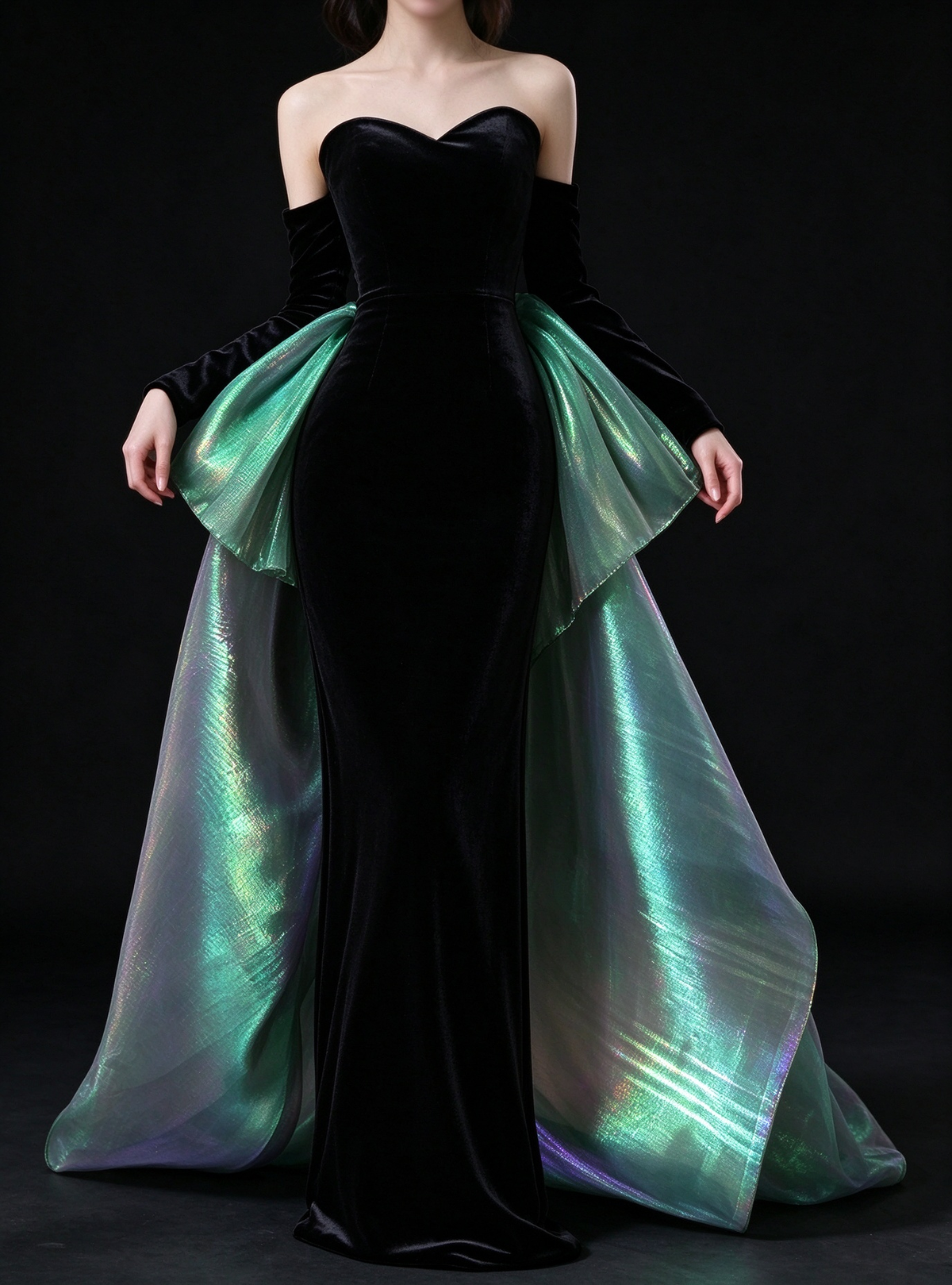 Black Sweetheart Off Shoulder Velvet Mermaid Evening Gown With Iridescent Green Train fg9115