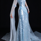 Light Blue Strapless Sequin Mermaid Evening Dress With Cape fg9164