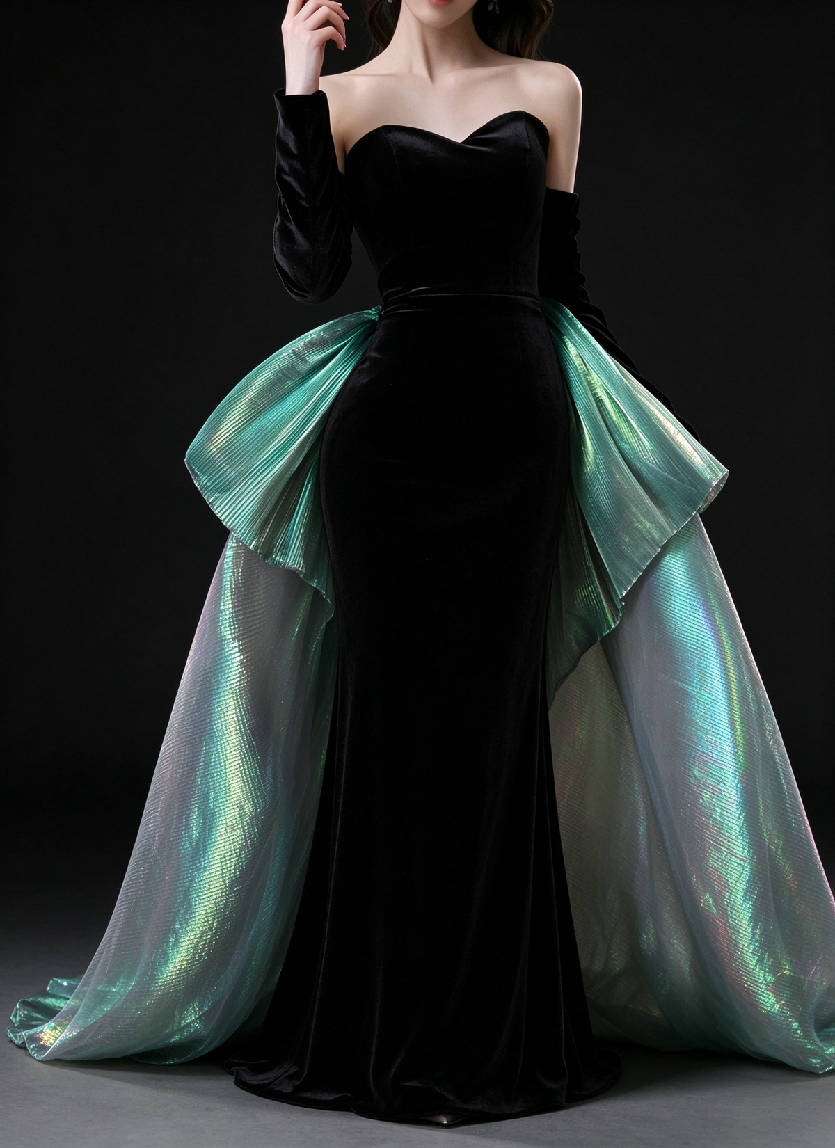Black Sweetheart Off Shoulder Velvet Mermaid Evening Gown With Iridescent Green Train fg9115