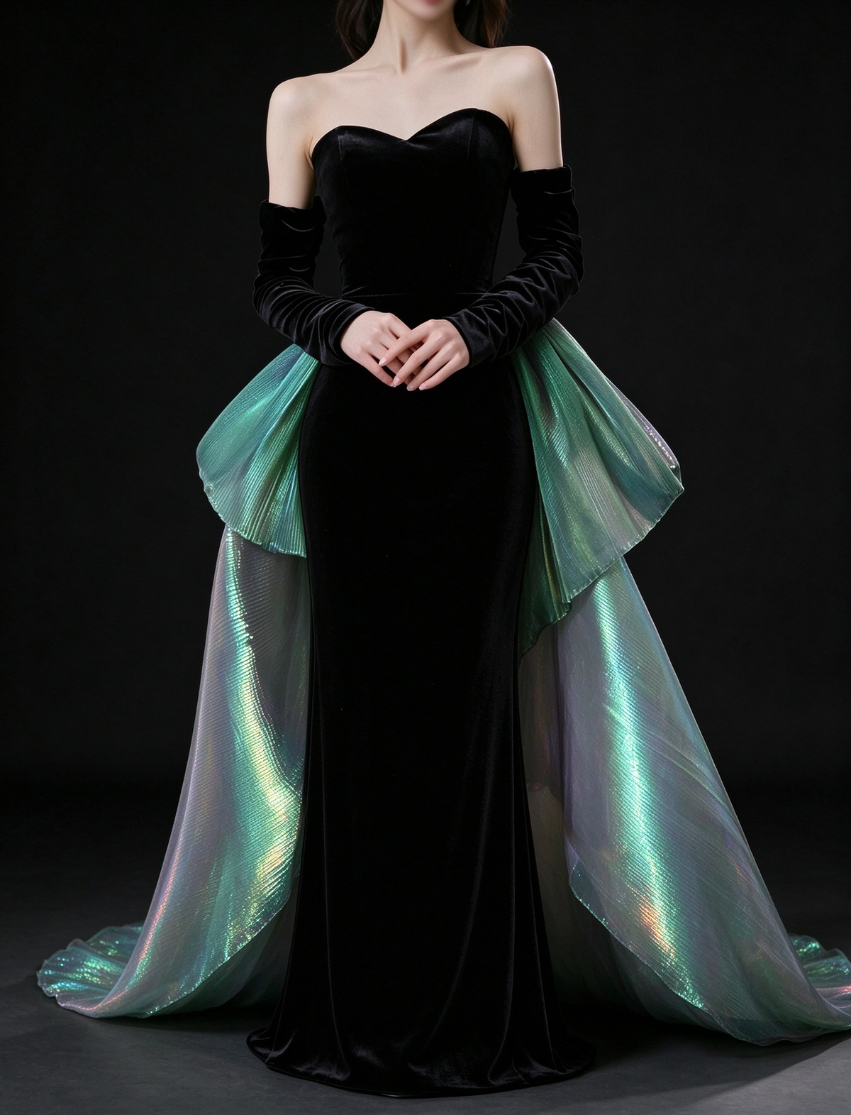 Black Sweetheart Off Shoulder Velvet Mermaid Evening Gown With Iridescent Green Train fg9115