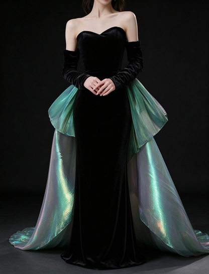 Black Sweetheart Off Shoulder Velvet Mermaid Evening Gown With Iridescent Green Train fg9115
