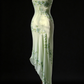 Green Spaghetti Strap Floral Beaded Asymmetrical Evening Dress fg9093