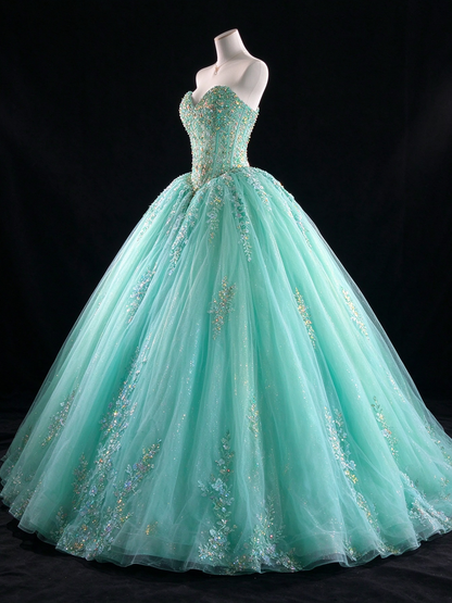 Turquoise Sweetheart Sequin Lace Tulle Ball Gown fg9086