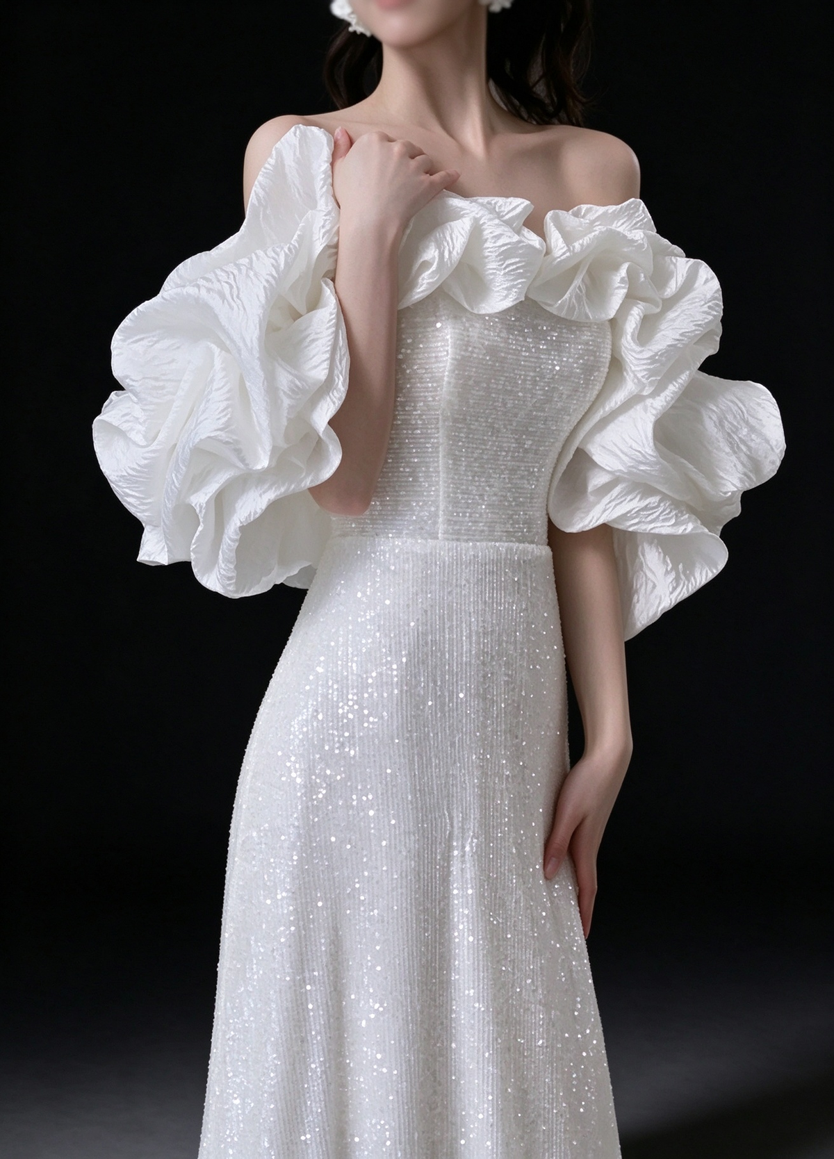 White Off Shoulder Ruffle Puff Sleeve Sequin A Line Evening Gown fg9116