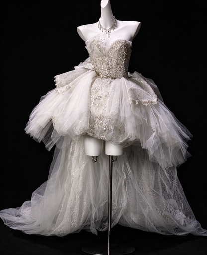 Strapless Beaded High Low Tulle Wedding Dress,Prom Gown fg8933